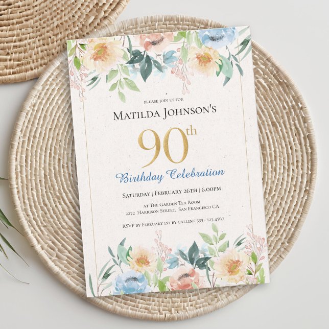 Invitation Fête élégante de 90 ans avec des fleurs (Elegant Floral 90th Birthday Party Invitation)