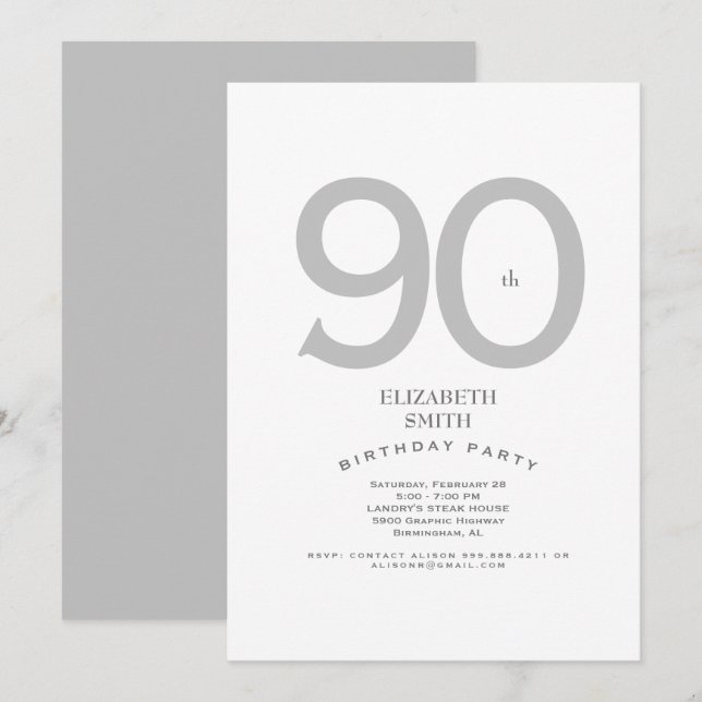 Invitation Fête élégante de 90e anniversaire argent et blanc (Devant / Derrière)