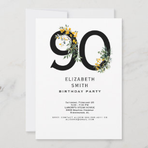 Invitation Fête élégante de 90e anniversaire aux fleurs jaune