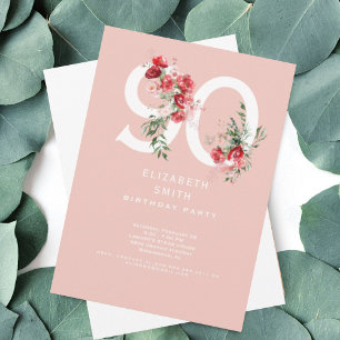 Invitation Fête élégante de 90e anniversaire aux fleurs roses