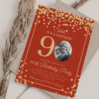 Invitation Fête élégante de 90e anniversaire Or Confetti Roug