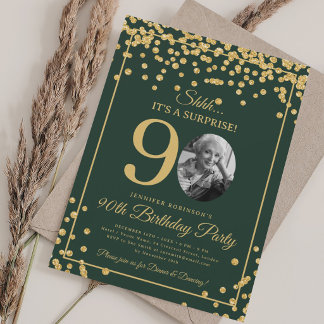 Invitation Fête élégante de 90e anniversaire Or Confetti Vert