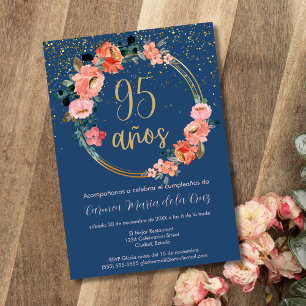 Invitation Fête élégante de 95e anniversaire aux fleurs bleue