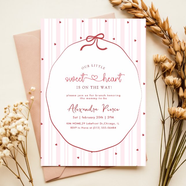 Invitation Fête Élégante de Bébé au Ruban Rose en Forme de Cœ (Créateur téléchargé)