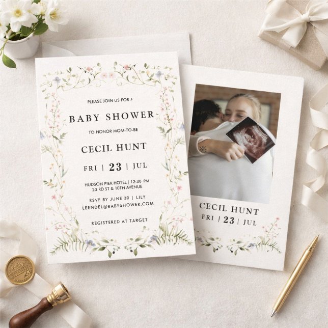 Invitation Fête Élégante de Bébé aux Fleurs (Créateur téléchargé)