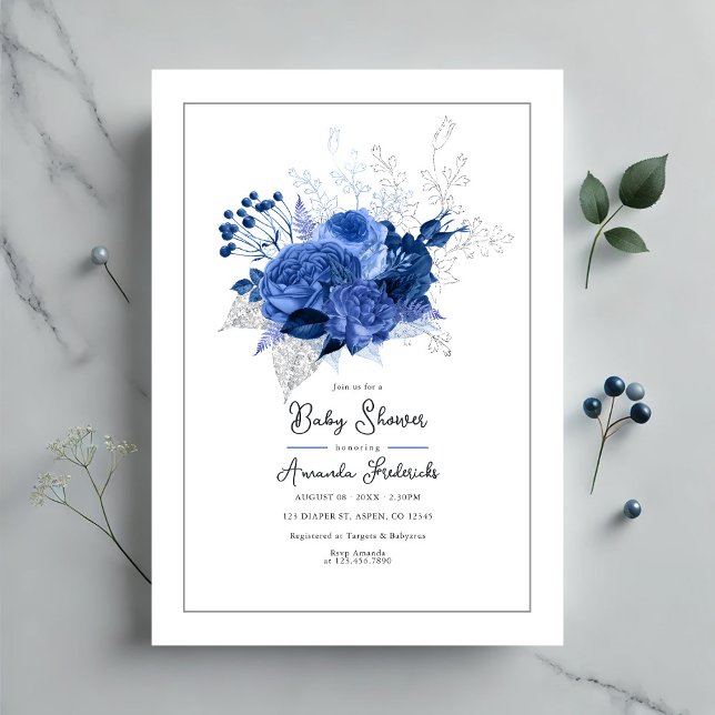 Invitation Fête élégante de bébé aux fleurs bleues (Elegant Blue Floral Baby Shower Invitation)