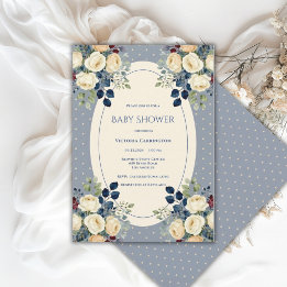 Invitation Fête élégante de bébé aux pois bleus et crème flor