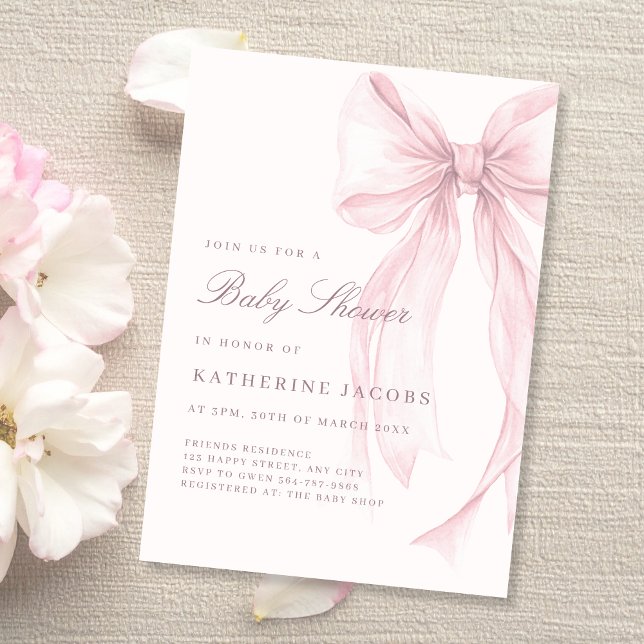 Invitation Fête Élégante de Bébé Coquette Rose (Pink Coquette Bow Baby Shower Invitation)