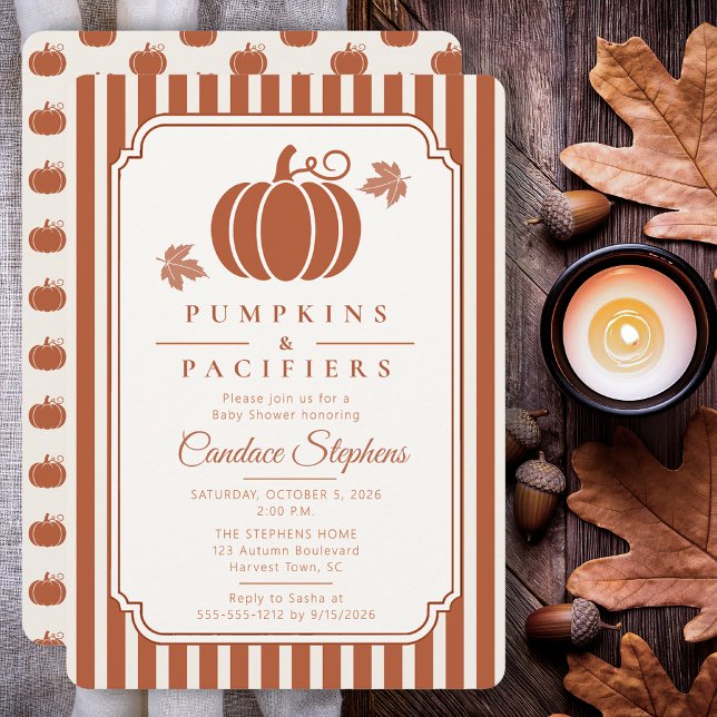 Invitation Fête Élégante de Bébé d'Automne avec Citrouilles e (Elegant pumpkin baby shower invitation with rust stripes and timeless autumn stationery styling.)