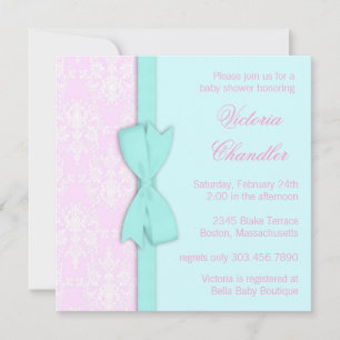 Invitation Fête élégante de bébé fille avec ruban et damas bl