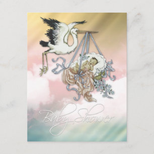 Invitation Fête élégante de bébé fille cigogne rose vintage