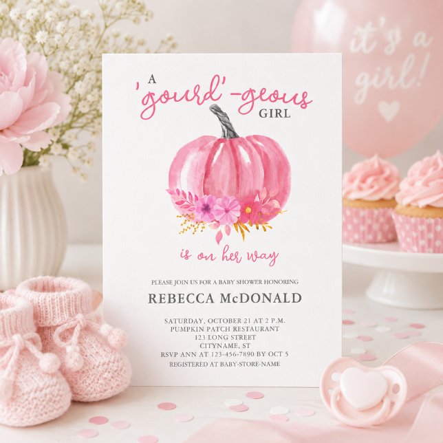 Invitation Fête Élégante de Bébé Fille Citrouille Rose (Add name and baby shower details to customize.  Matching items available)