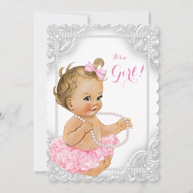Invitation Fête Élégante de Bébé Fille Perle Blanche (Devant)