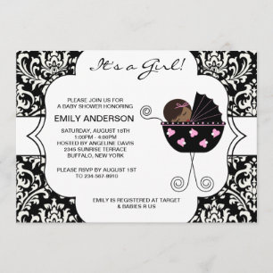 Invitation Fête élégante de bébé fille rose damas noir