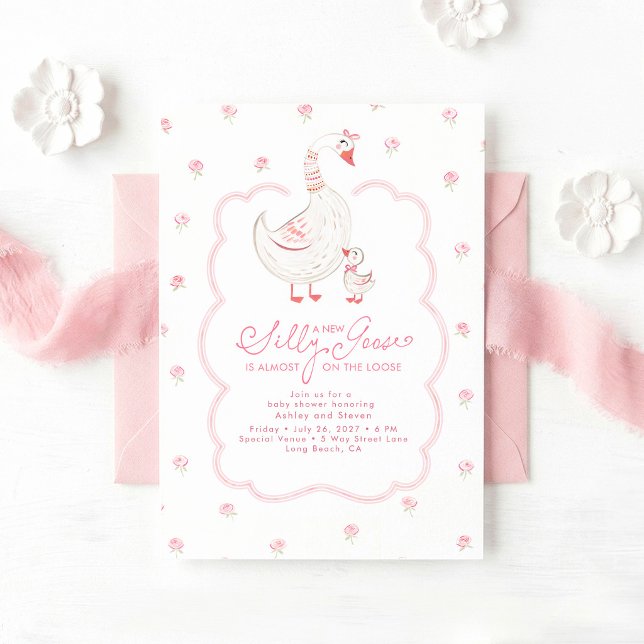 Invitation Fête élégante de bébé fille rose Oie Ridicule (Silly Goose Pink Cute Baby Shower Invitations)
