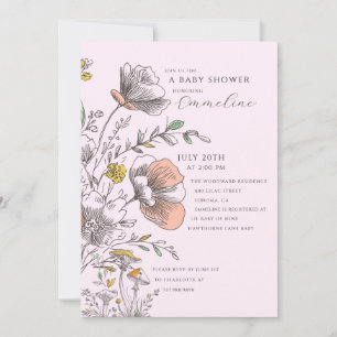 Invitation Fête Élégante de Bébé Fleur des Champs Rose 
