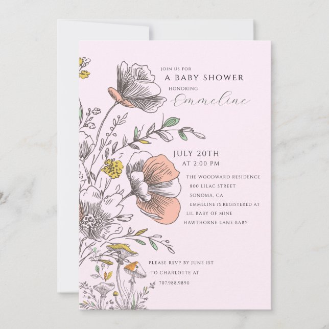 Invitation Fête Élégante de Bébé Fleur des Champs Rose  (Devant)