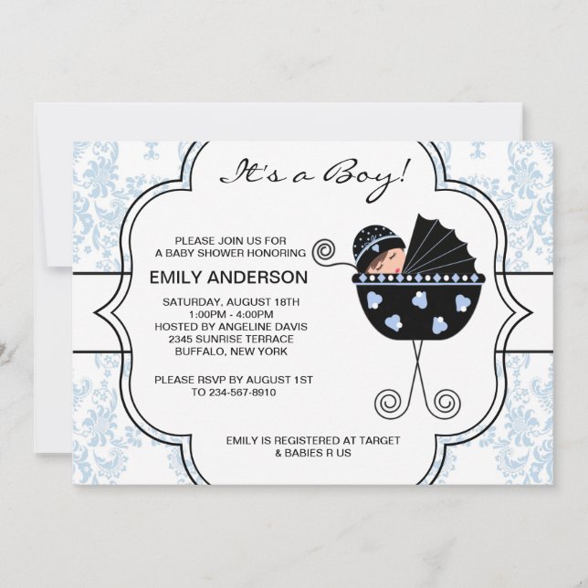 Invitation Fête élégante de bébé garçon bleu damas noir (Devant)