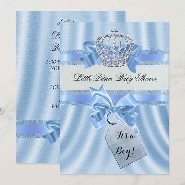 Invitation Fête élégante de bébé garçon Couronne de petit pri (Devant / Derrière)