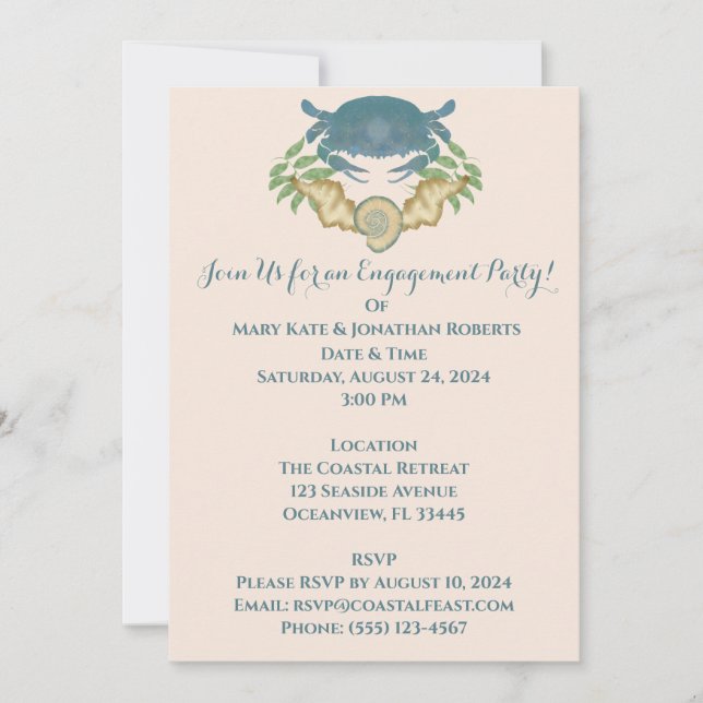 Invitation Fête élégante de crabe - Fiançailles Crabe Bleu Aq (Devant)
