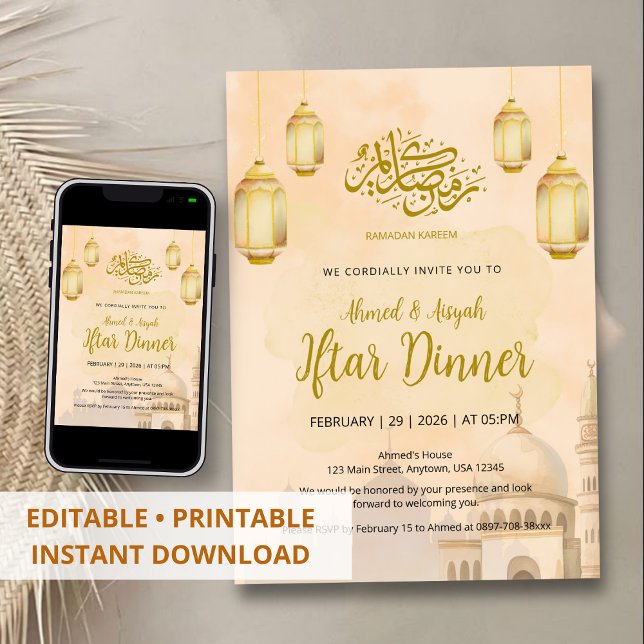 Invitation Fête élégante de dîner Iftar à la mosquée à l'aqua (Créateur téléchargé)