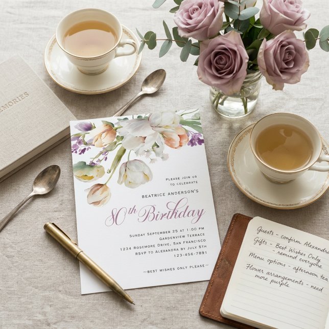 Invitation Fête élégante de fleurs à l'aquarelle pour 80e ann (Créateur téléchargé)