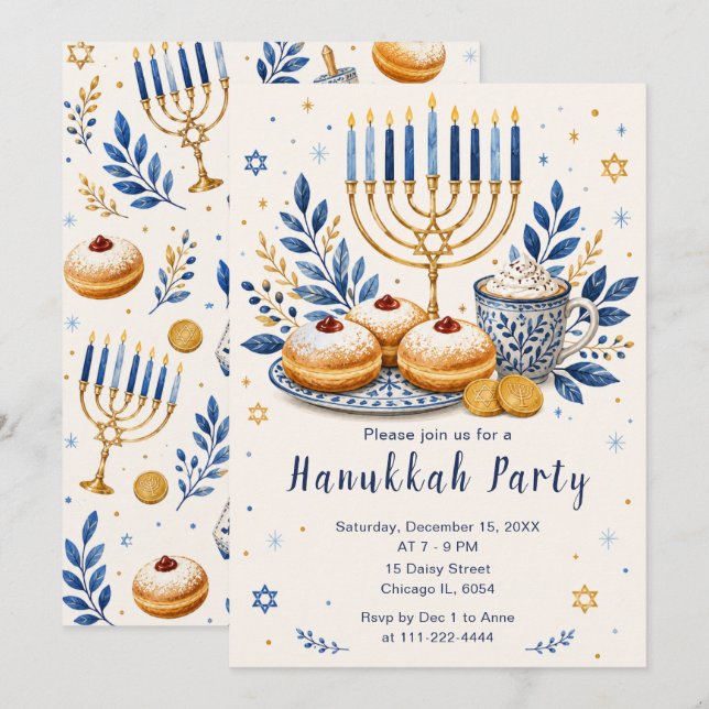 Invitation Fête élégante de Hanoukka (Devant / Derrière)