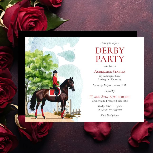 Invitation Fête élégante de Jockey et Derby de chevaux de cou (Elegant Girl Jockey in Red and Black and Race Horse Derby Party Invitation)