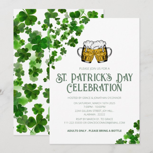 Invitation Fête élégante de la Saint-Patrick au trèfle vert (Devant / Derrière)