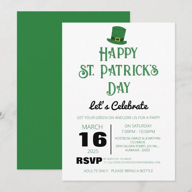 Invitation Fête élégante de la Saint-Patrick au trèfle vert (Devant / Derrière)