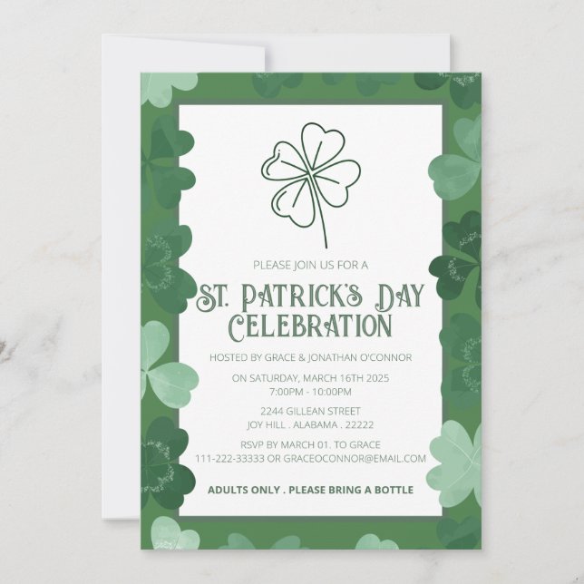 Invitation Fête élégante de la Saint-Patrick au trèfle vert (Devant)