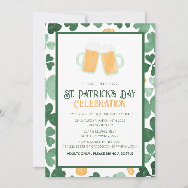Invitation Fête élégante de la Saint-Patrick au trèfle vert (Devant)