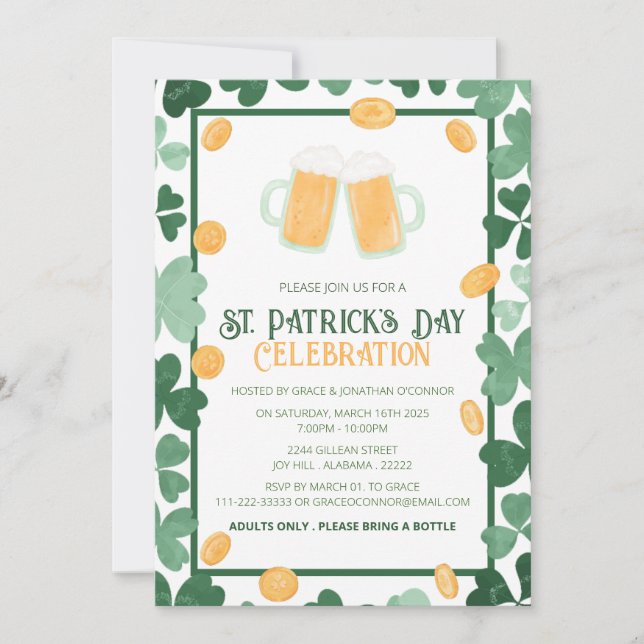 Invitation Fête élégante de la Saint-Patrick Trèfle Vert (Devant)