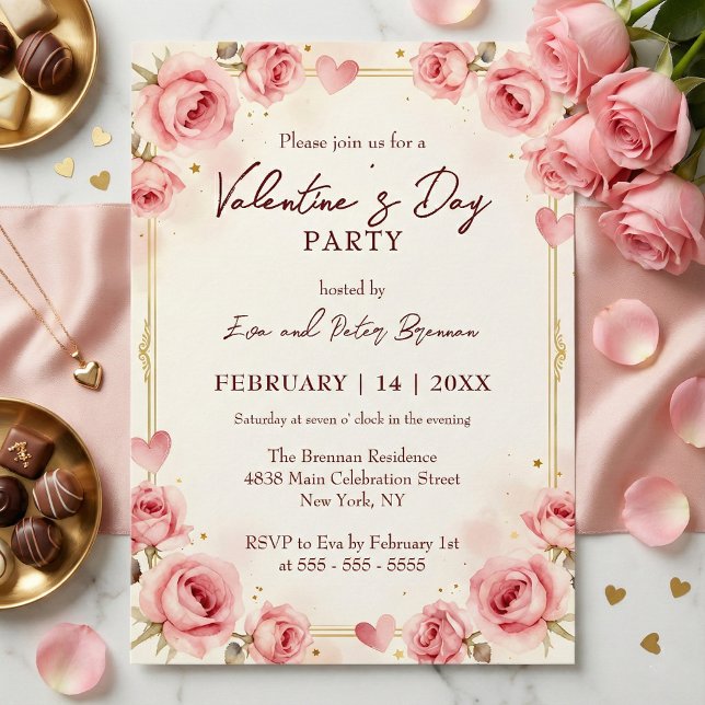 Invitation Fête élégante de la Saint-Valentin à l'aquarelle r (Créateur téléchargé)