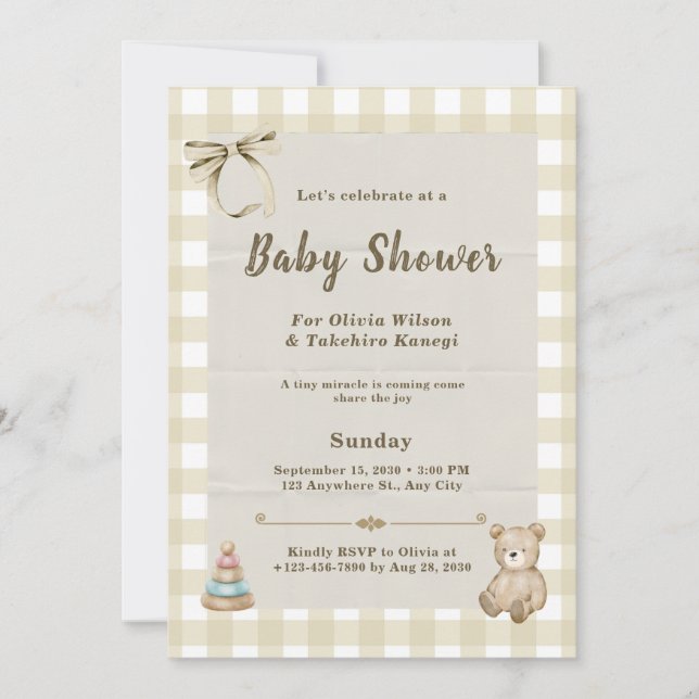 Invitation Fête élégante de l'ours en peluche pour bébé (Devant)