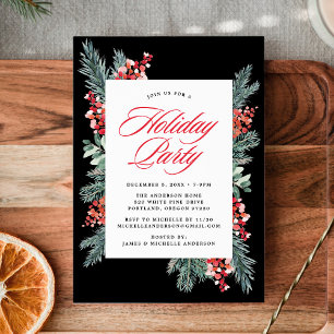 Invitation Fête élégante de Noël au houx et au vert sombre