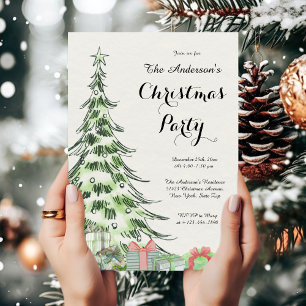 Invitation Fête élégante de Noël avec un arbre en aquarelle