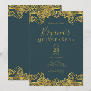 Invitation Fête élégante de Quinceañera Teal foncé et dentell