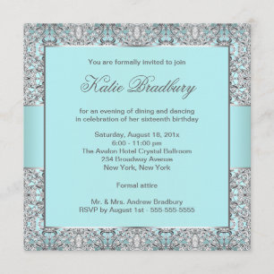 Invitation Fête élégante de Sweet Sixteen bleu sarcelle et ar