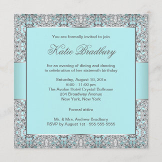 Invitation Fête élégante de Sweet Sixteen bleu sarcelle et ar