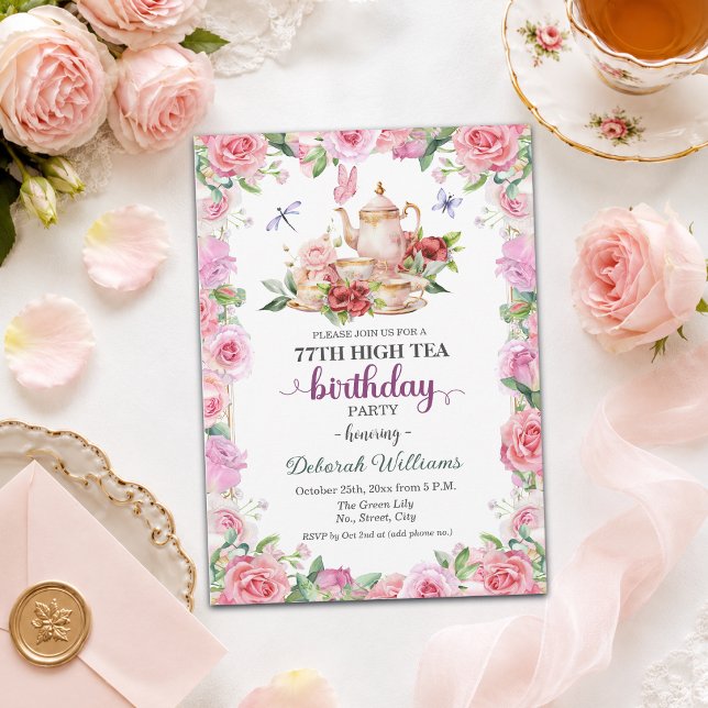 Invitation Fête élégante de thé pour 77e anniversaire  (Créateur téléchargé)