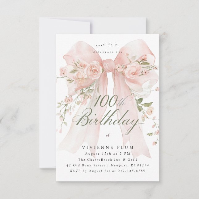 Invitation Fête élégante des 100 ans PETITE Fleurs roses (Devant)