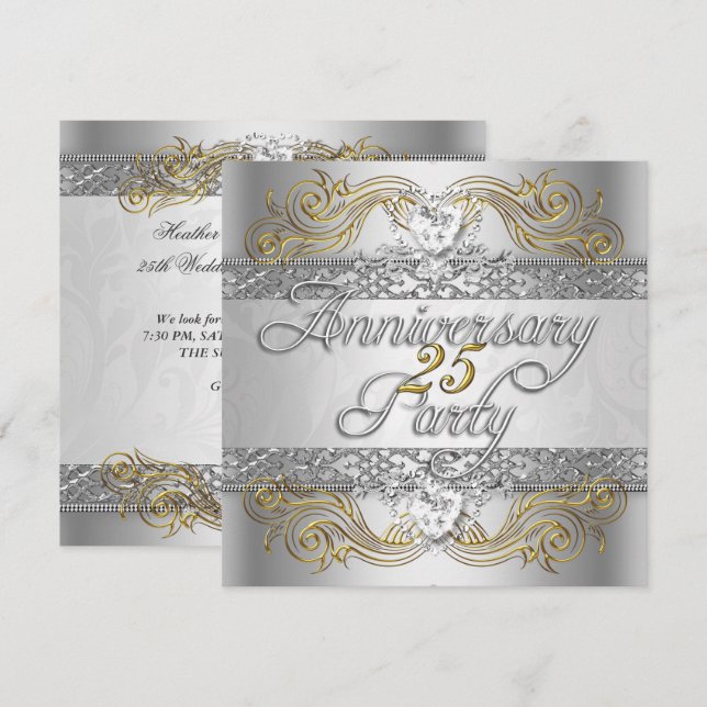 Invitation Fête élégante des 25 ans d'argent or blanc (Devant / Derrière)