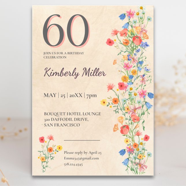 Invitation Fête élégante des 60 ans Soft Wildflower (Créateur téléchargé)