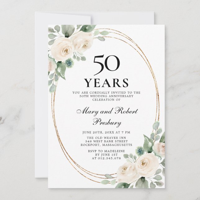 Invitation Fête élégante du 50e anniversaire de mariage Fleur (Devant)