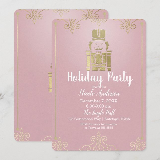 Invitation Fête élégante et chic de Noël Casse-noisette rose  (Devant / Derrière)