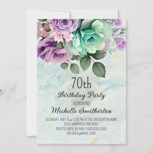 Invitation Fête élégante Fleurs Violettes Vert Menthe 70e Ann (Devant)