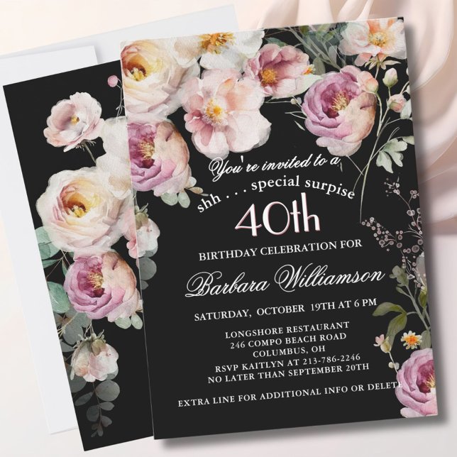Invitation Fête élégante florale de 40 ans d'anniversaire SUR (Créateur téléchargé)