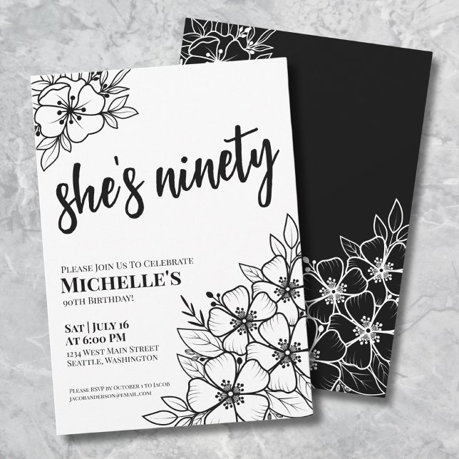 Invitation Fête élégante florale pour 90e anniversaire (Floral Ninetieth Black White 90th Birthday Party Invitation)