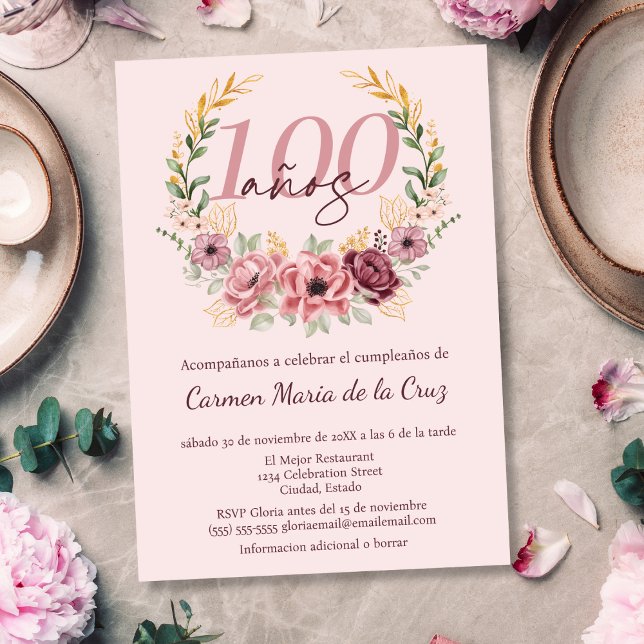 Invitation Fête élégante florale rose espagnol pour 100 ans (Créateur téléchargé)